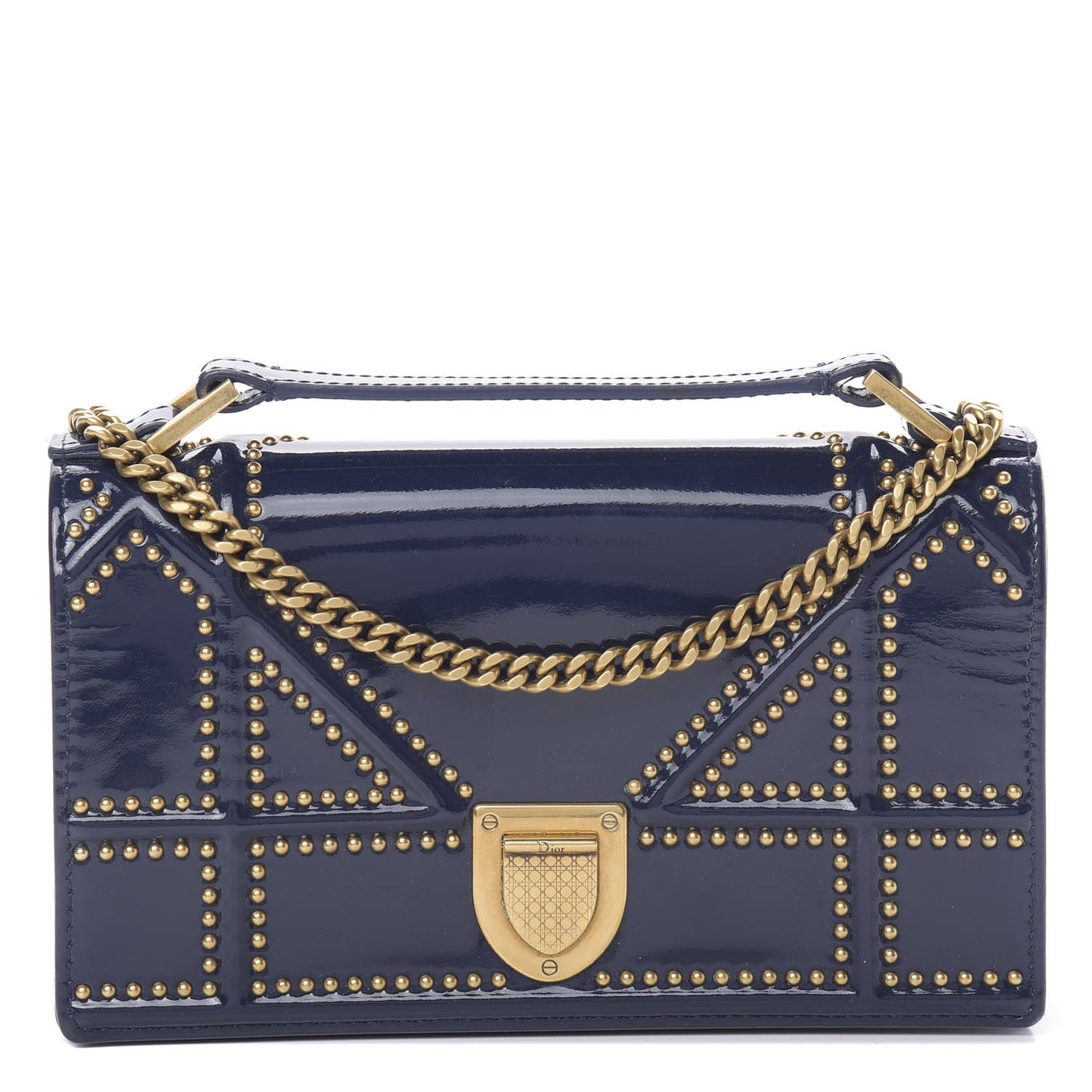 Patent Studded Diorama Top Handle Wallet on Chain Pouch Navy Blue