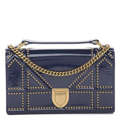 Christian Dior Patent Studded Diorama Top Handle Wallet on Chain Pouch Navy Blue 1 of 12