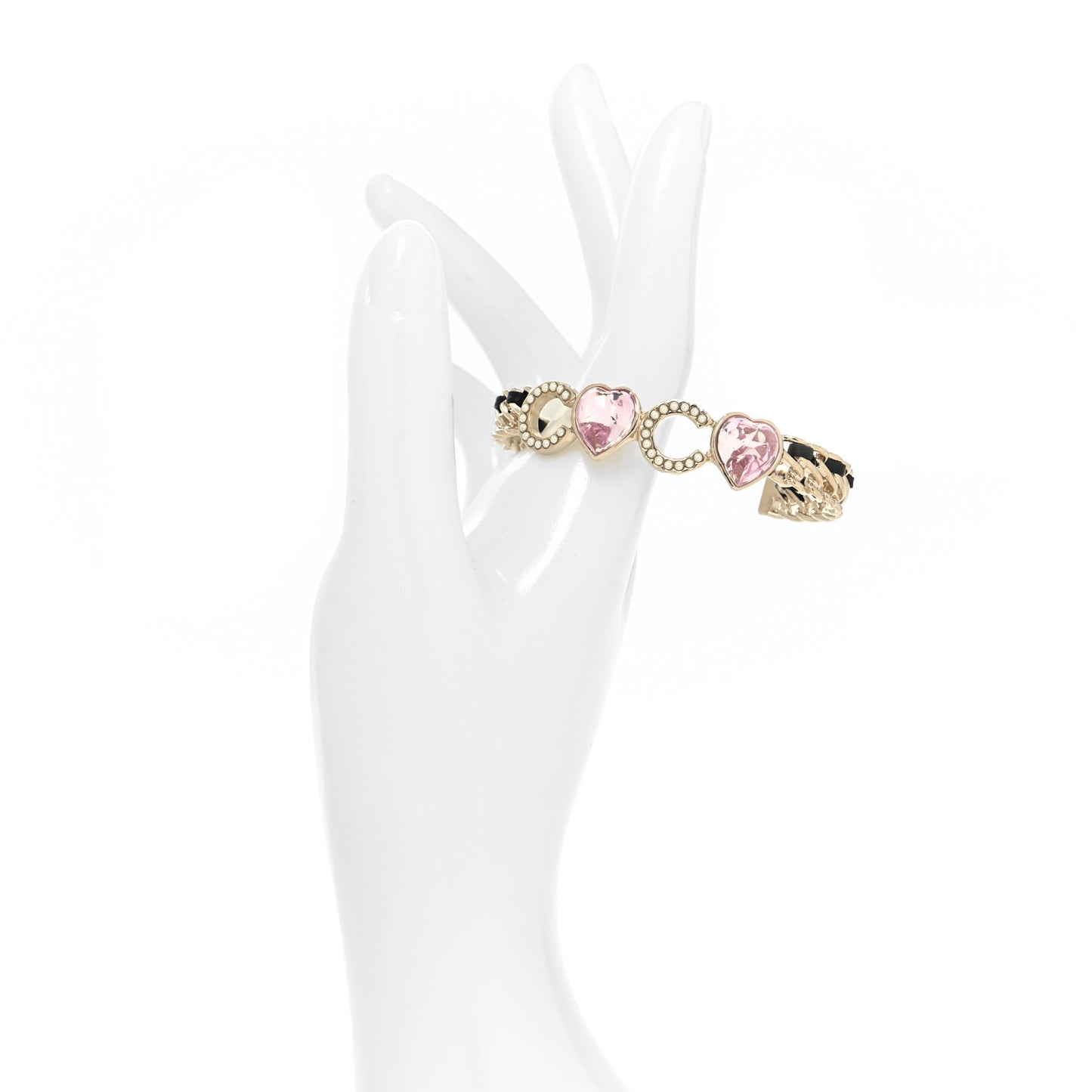 Crystal Pearl Coco Heart Chain Cuff Bracelet S Pink