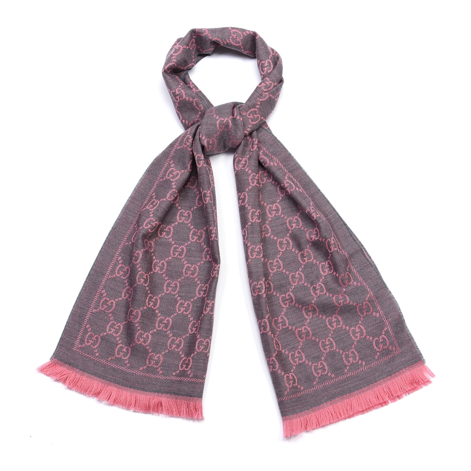 Gucci Wool Jacquard GG Monogram Sten Fringe Scarf Graphite Pink 1 of 4