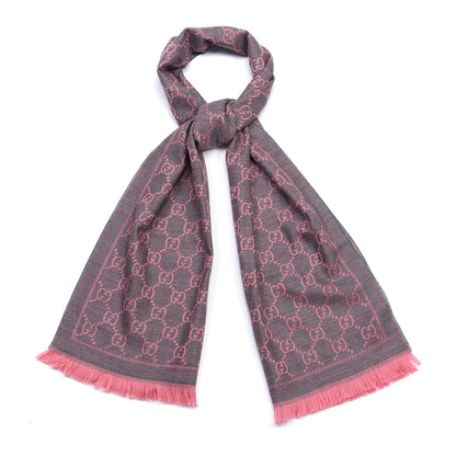 Gucci Wool Jacquard GG Monogram Sten Fringe Scarf Graphite Pink 1 of 4