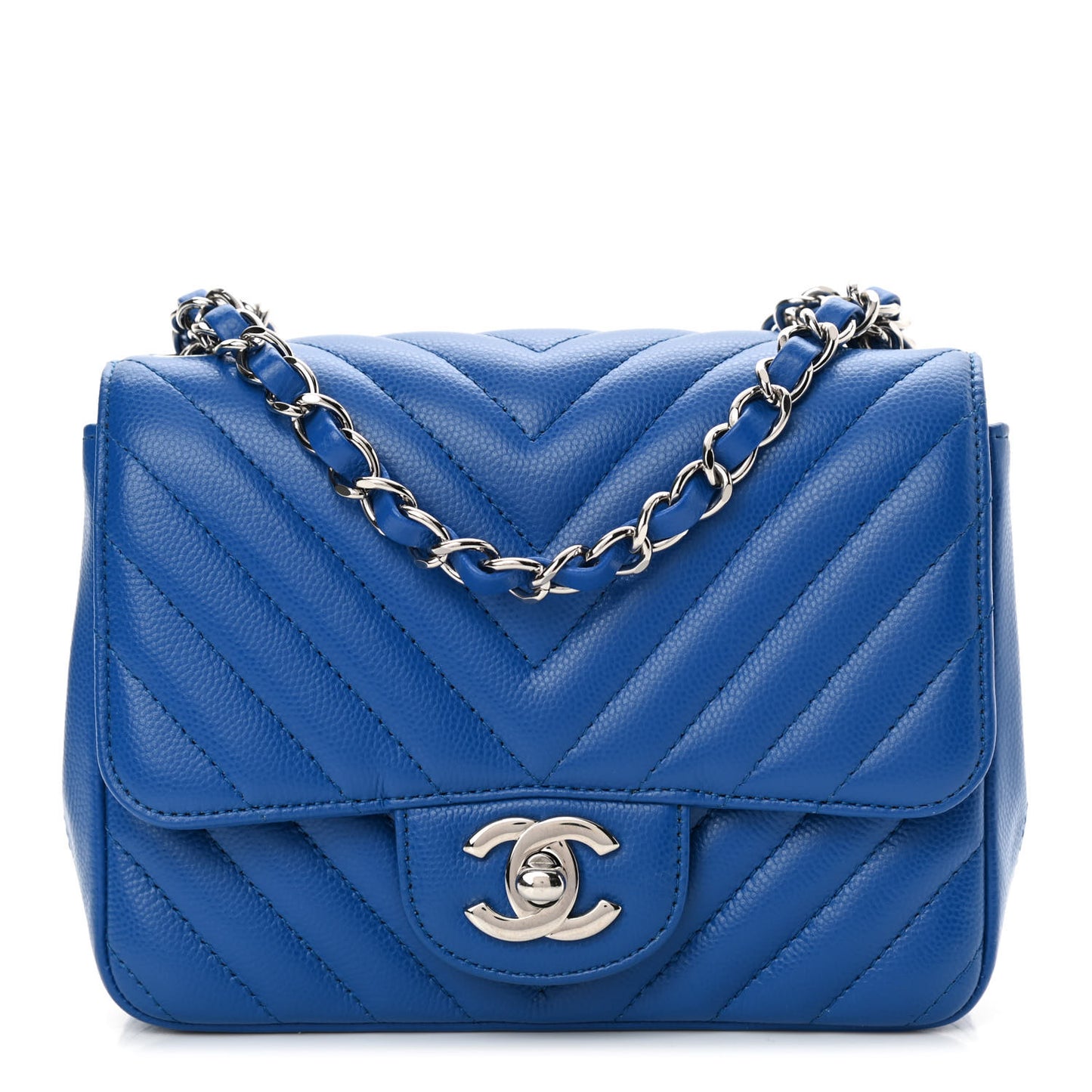 Caviar Chevron Quilted Mini Square Flap Blue