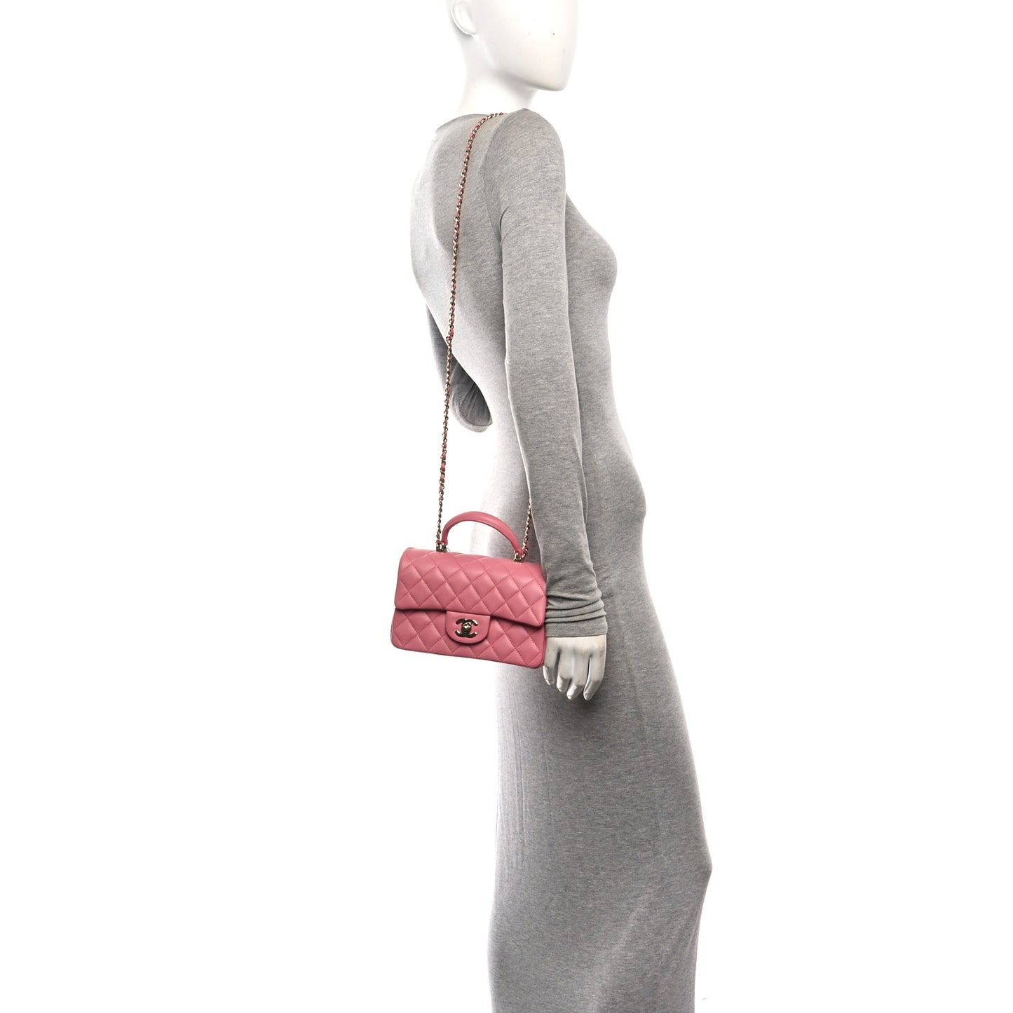 Lambskin Quilted Mini Top Handle Rectangular Flap Pink