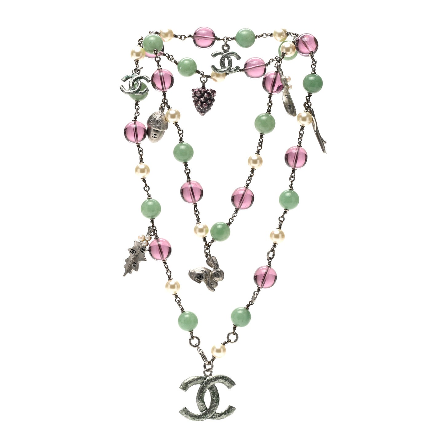 Pearl Bead CC Double Strand Charm Necklace Silver