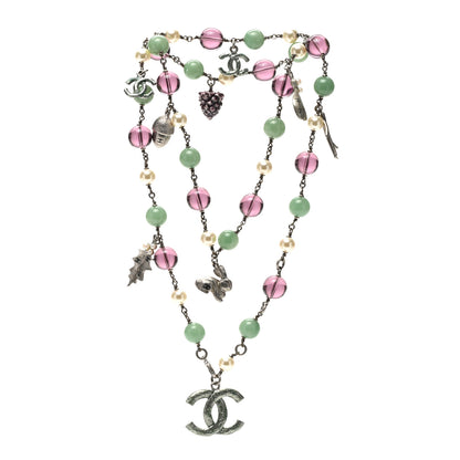 Chanel Pearl Bead CC Double Strand Charm Necklace Silver 3 of 5