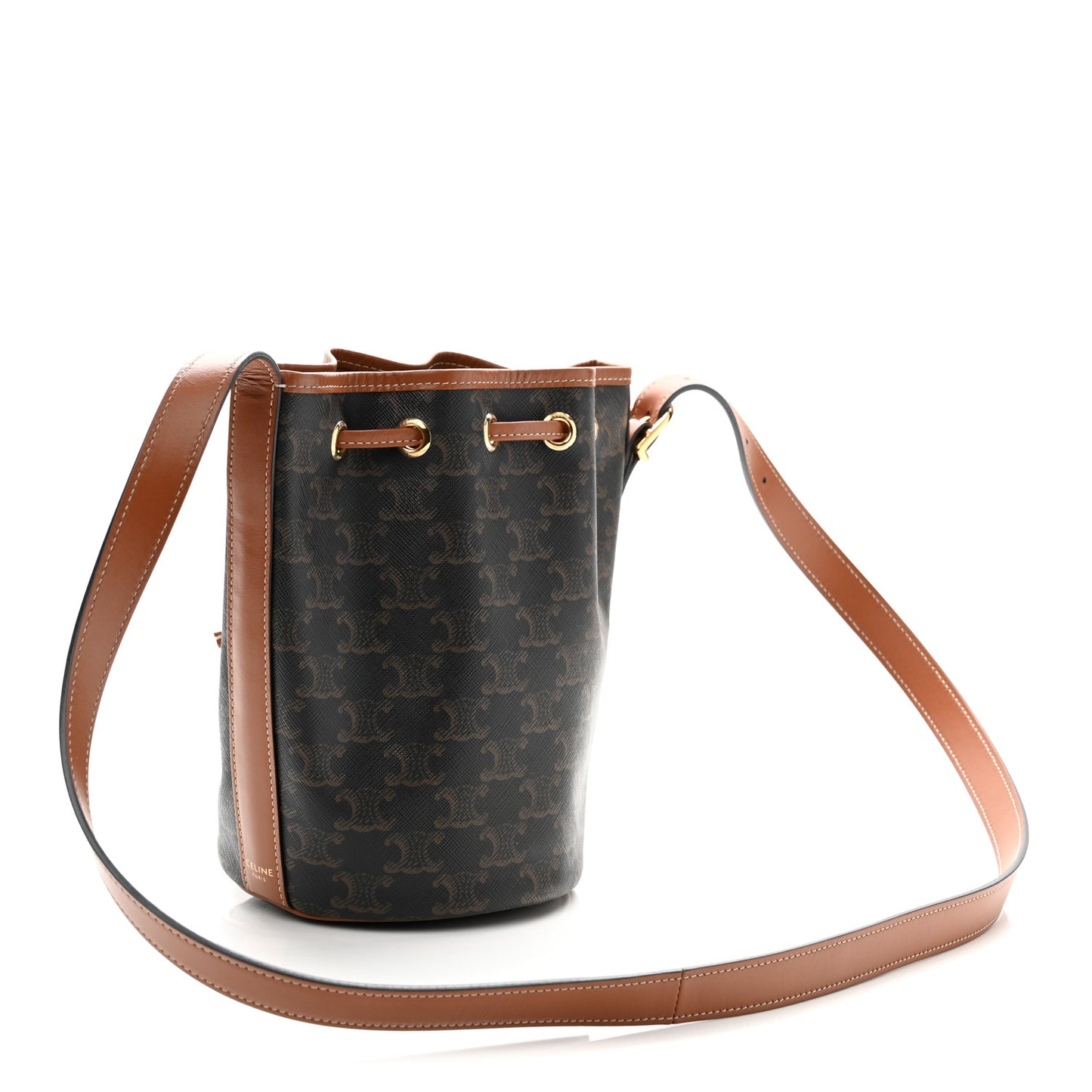 Triomphe Canvas Calfskin Small Drawstring Bucket Bag Tan