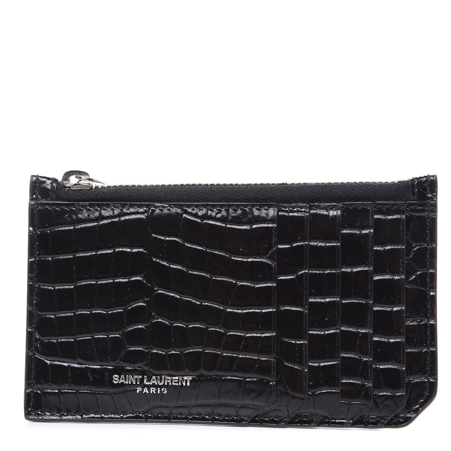 Calfskin Crocodile Embossed 5 Fragments Zip Pouch Card Holder Black