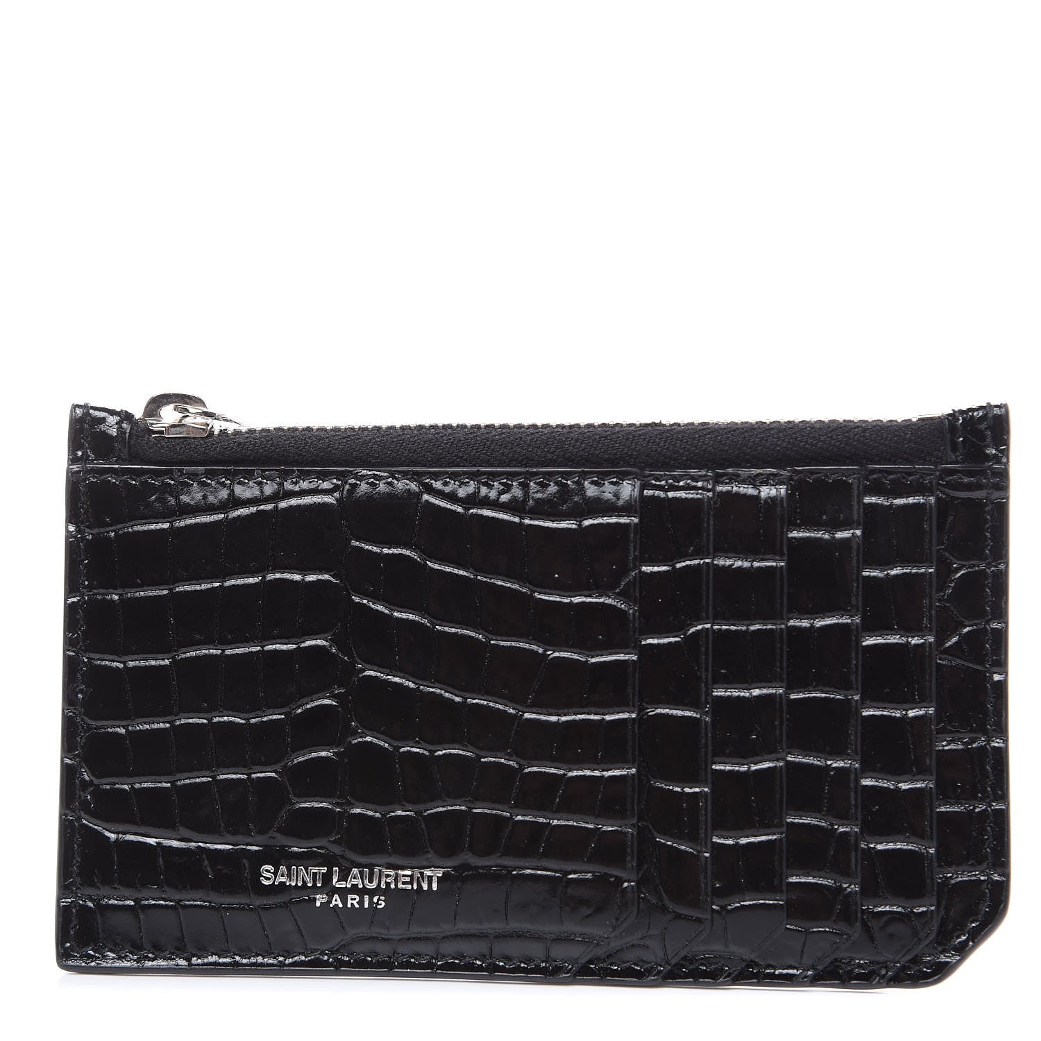 Saint Laurent Calfskin Crocodile Embossed 5 Fragments Zip Pouch Card Holder Black 1 of 8