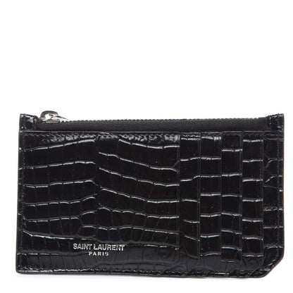 Saint Laurent Calfskin Crocodile Embossed 5 Fragments Zip Pouch Card Holder Black 1 of 8