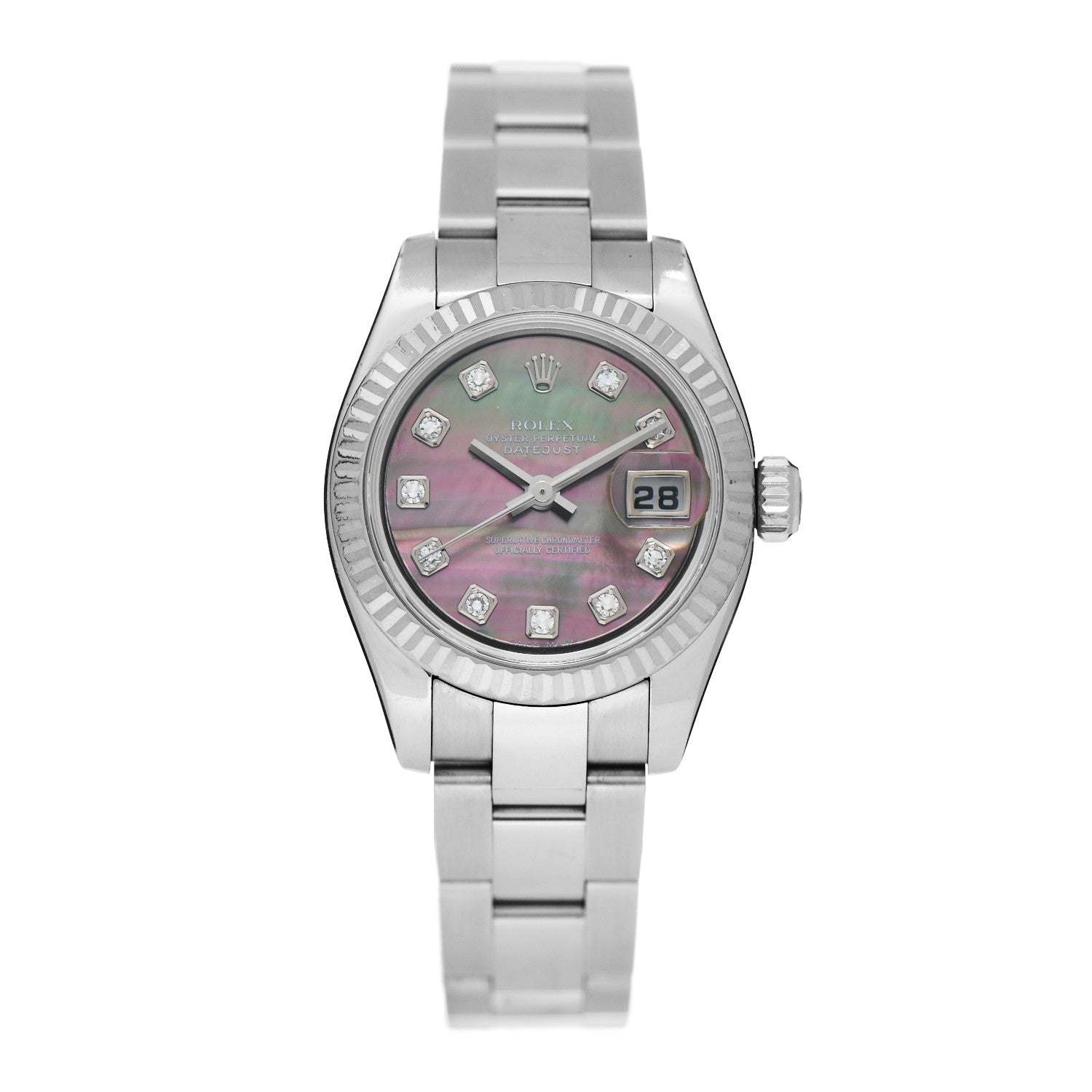 Rolex Stainless Steel 18K White Gold Diamond Black Mother of Pearl 26mm Datejust Watch Silver 179174 1 of 5