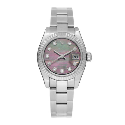 Rolex Stainless Steel 18K White Gold Diamond Black Mother of Pearl 26mm Datejust Watch Silver 179174 1 of 5