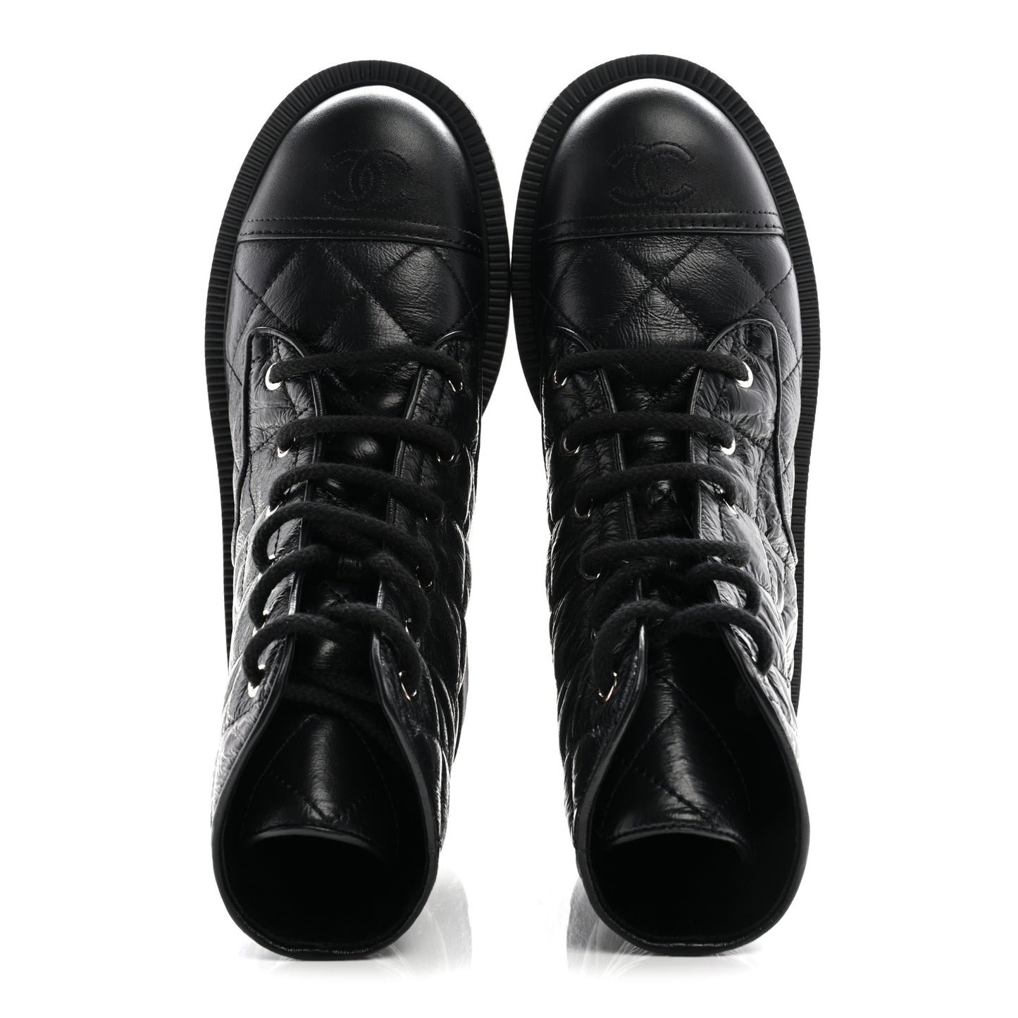 Crumpled Lambskin Quilted Platform Lace Up Combat Boots 39 Black