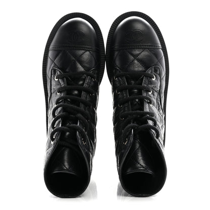 Chanel Crumpled Lambskin Quilted Platform Lace Up Combat Boots 39 Black 2 of 10
