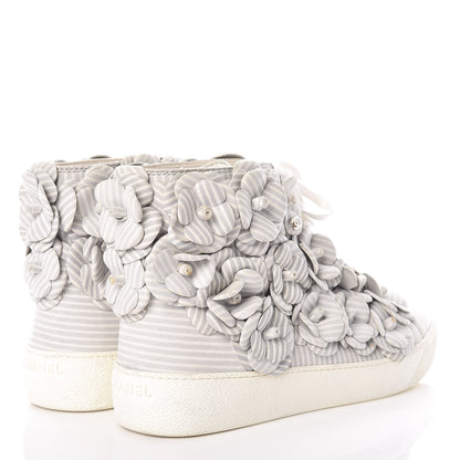 Chanel Lambskin Striped Camellia High Top Sneakers 38 Grey 4 of 10