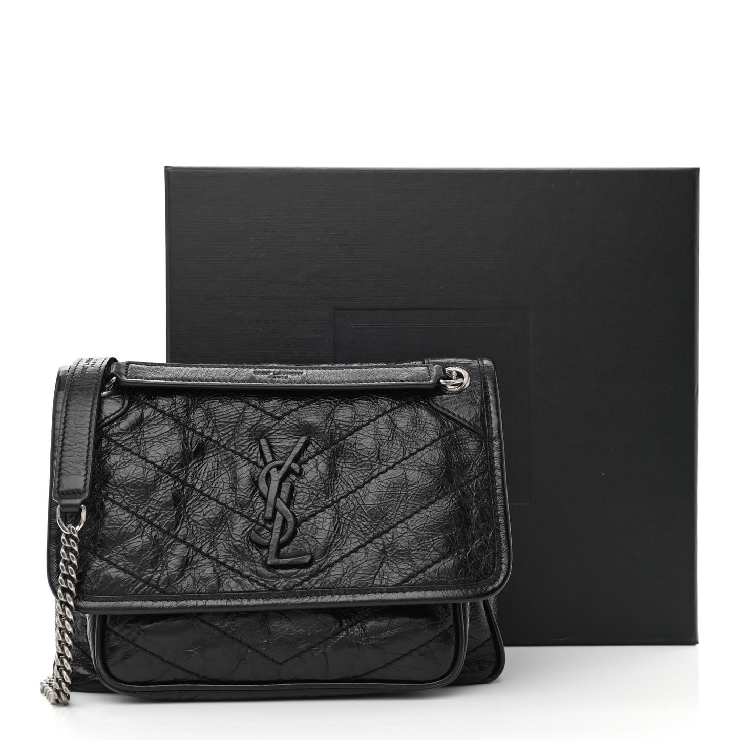 Crinkled Lambskin Matelasse Monogram Baby Niki Chain Satchel Black
