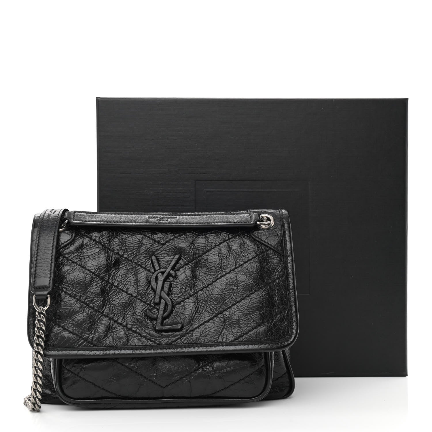 Saint Laurent Crinkled Lambskin Matelasse Monogram Baby Niki Chain Satchel Black 12 of 12