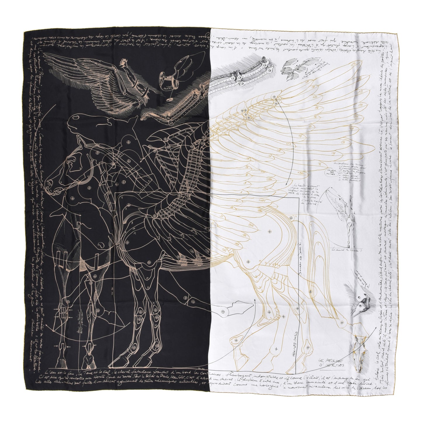 Silk Twill Le Pegase D Hermes Giant Scarf 140 Black White Or