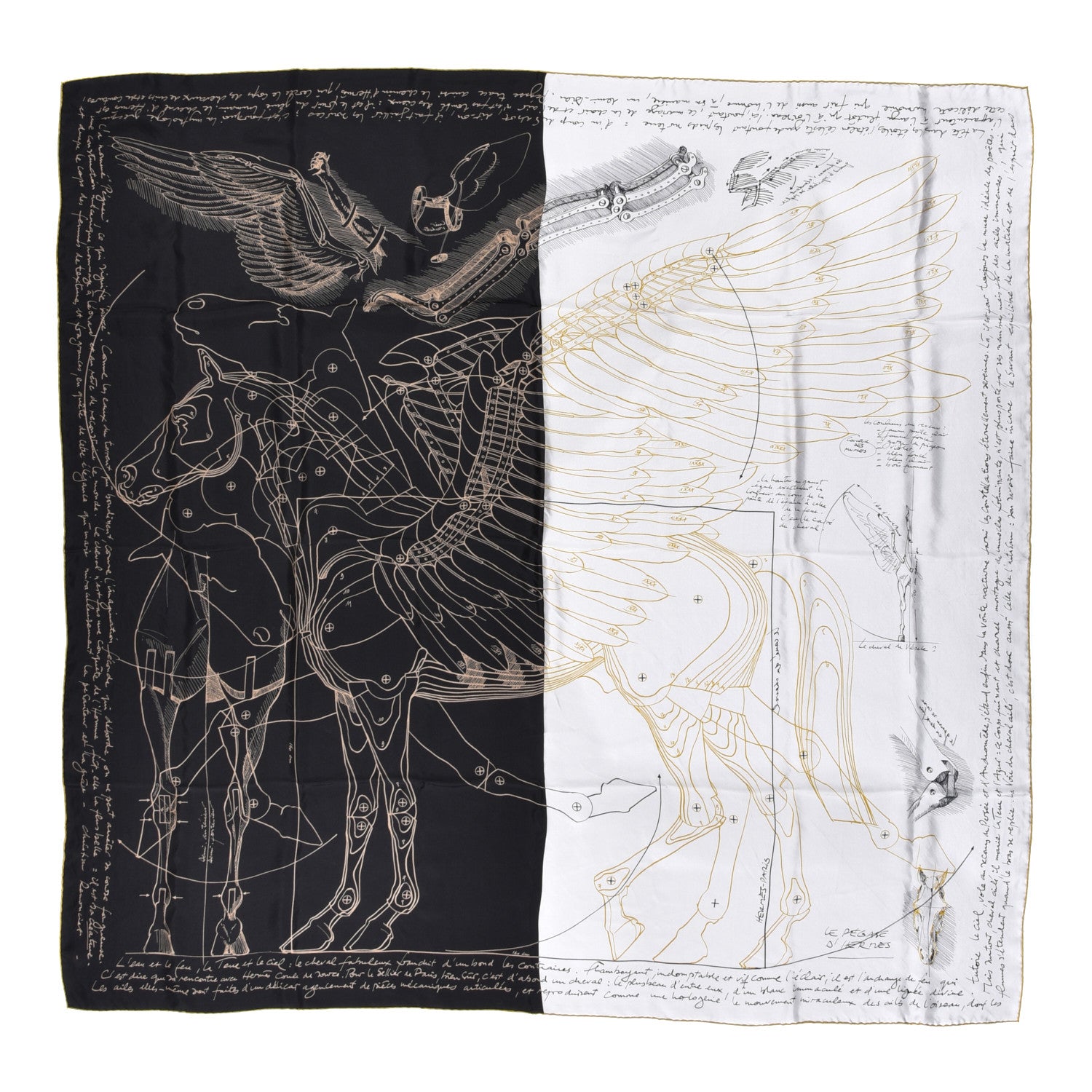 Hermes Silk Twill Le Pegase D Hermes Giant Scarf 140 Black White Or 1 of 3