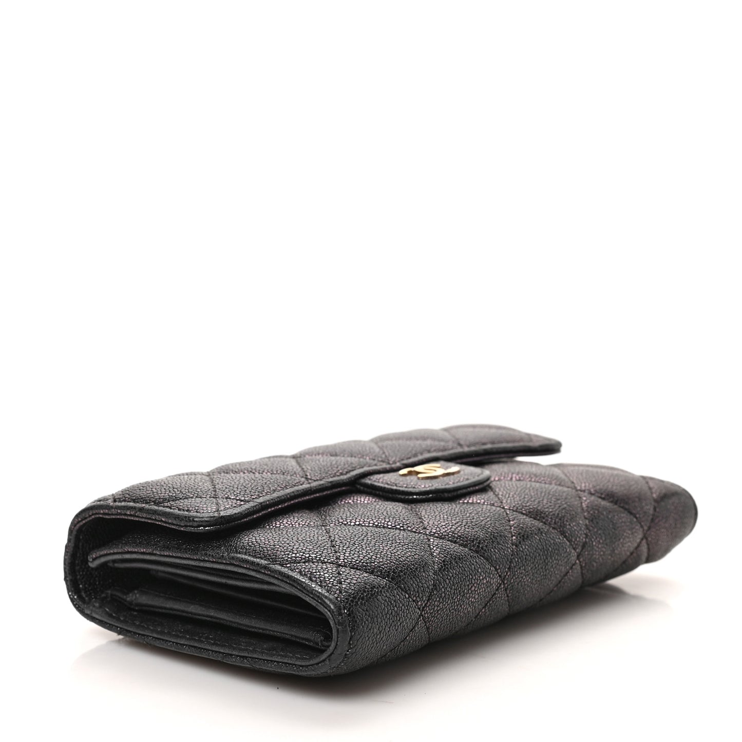 Iridescent Caviar Quilted Medium Flap Wallet Black