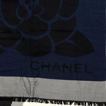 Chanel Silk Cashmere Camellia Fringe Scarf Navy Blue Black 3 of 4