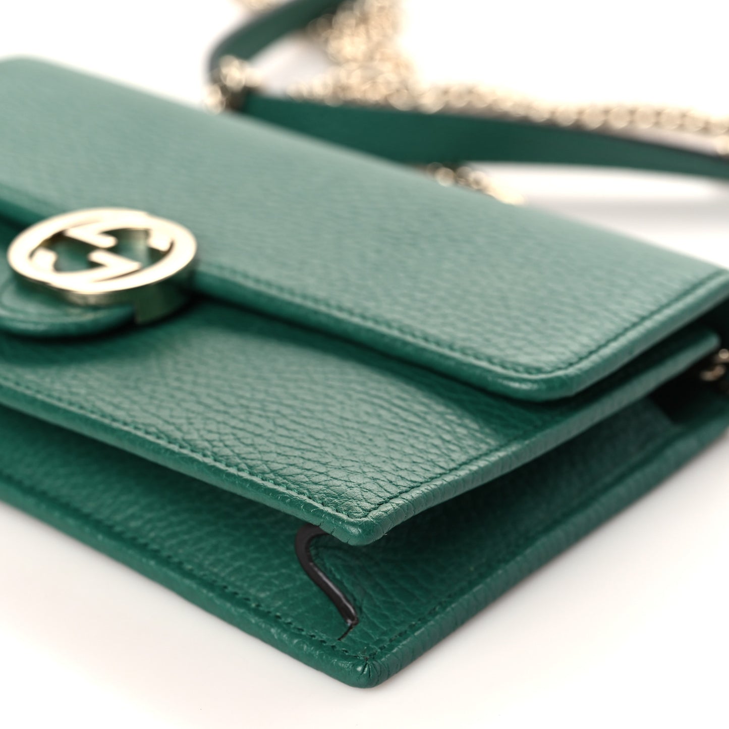 Dollar Calfskin Interlocking G Chain Wallet Emerald