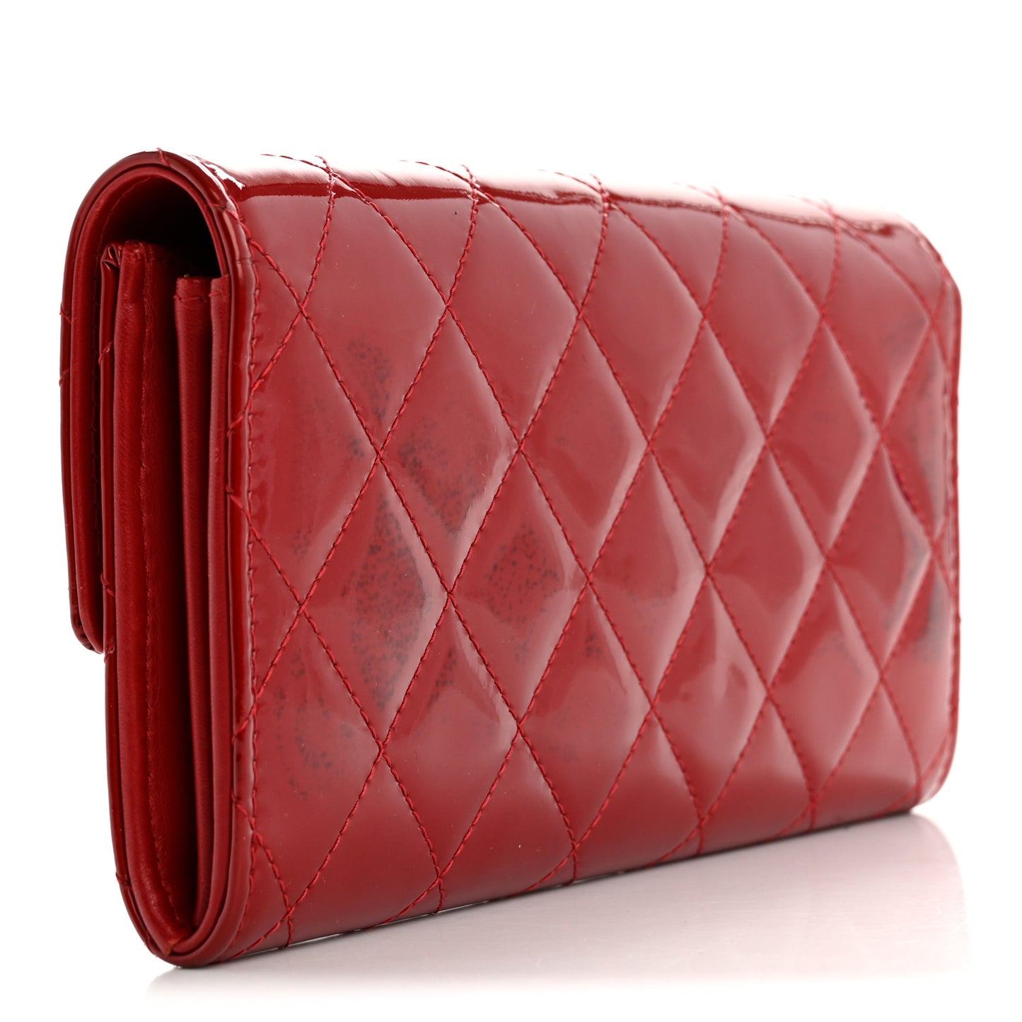Patent Calfskin Quilted Large Brilliant Flap Wallet Dark Red