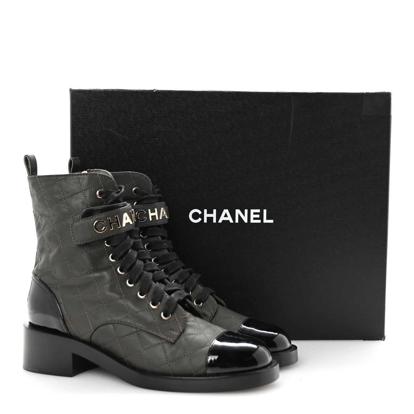 Lambskin Patent Calfskin Quilted Logo Lace Up Combat Boots 39 Dark Brown Black