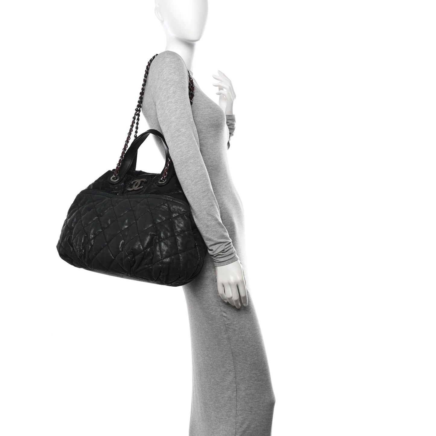 Iridescent Calfskin Quilted Large In The Mix Tote Dark Brown