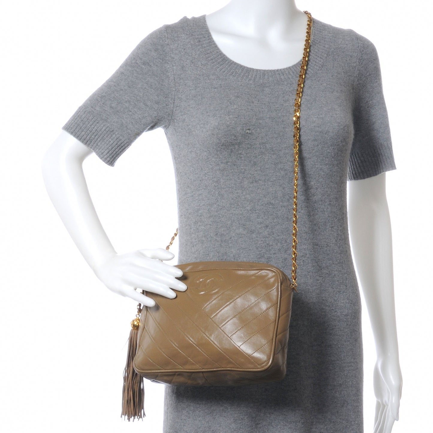 Lambskin Chevron Tassel Camera Case Taupe