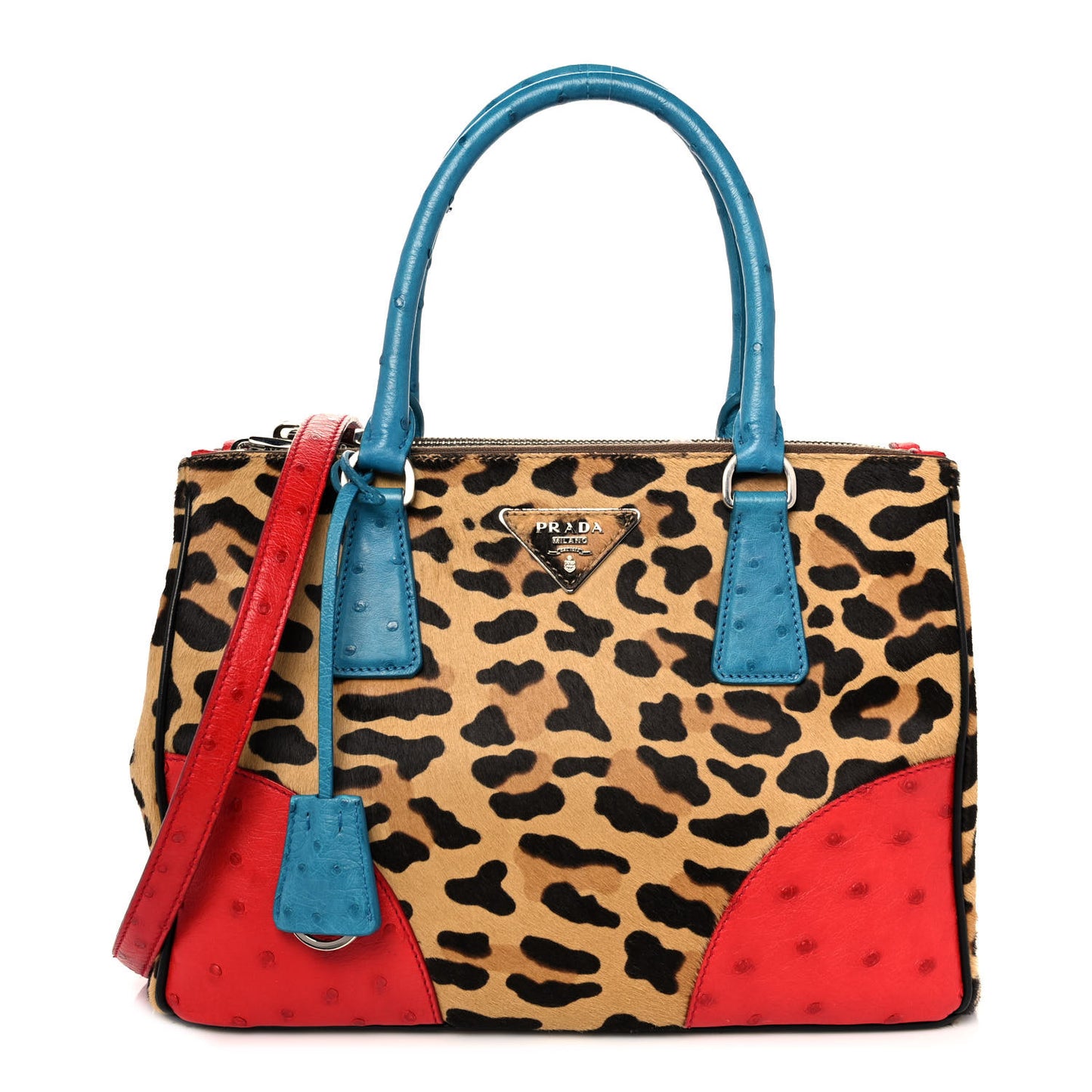 Ostrich Cavallino Leopard Print Small Galleria Double Zip Tote Miele Rosso