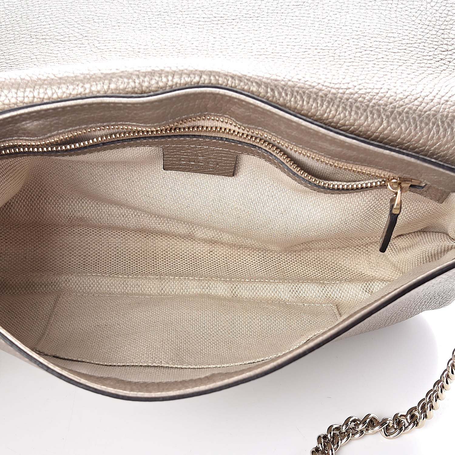 Gucci Metallic Pebbled Calfskin Medium Soho Flap Crossbody Golden Beige 5 of 9