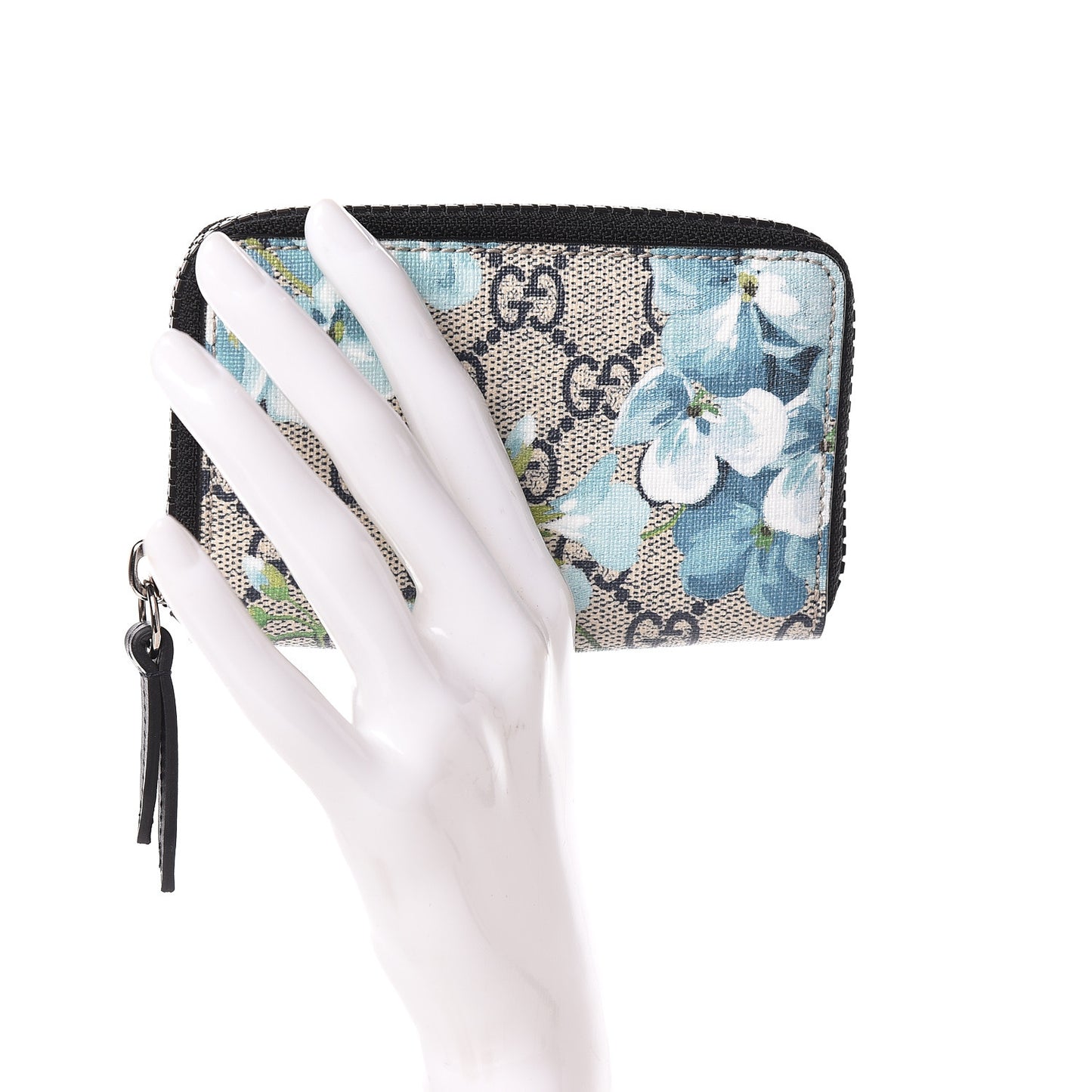 GG Supreme Monogram Blooms Zip Around Card Case Wallet Beige Blue Navy