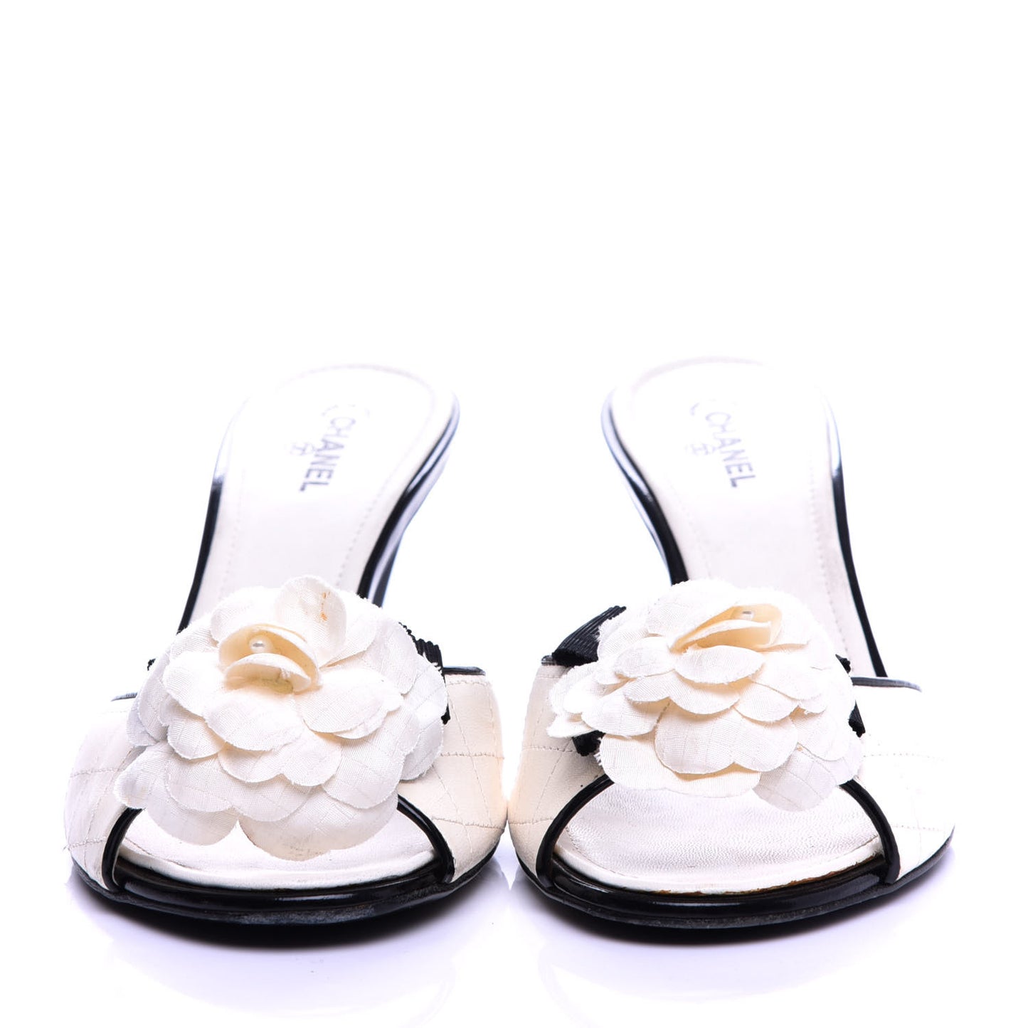 Patent Lambskin Quilted Camellia Mules 39 White