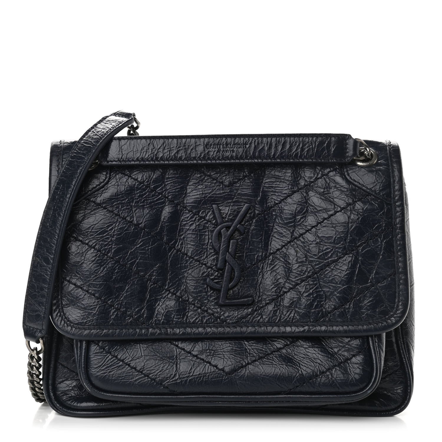 Saint Laurent Crinkled Calfskin Matelasse Monogram Baby Niki Chain Satchel Navy 1 of 9