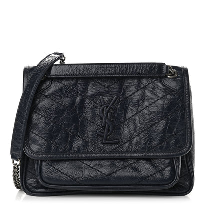 Saint Laurent Crinkled Calfskin Matelasse Monogram Baby Niki Chain Satchel Navy 1 of 9