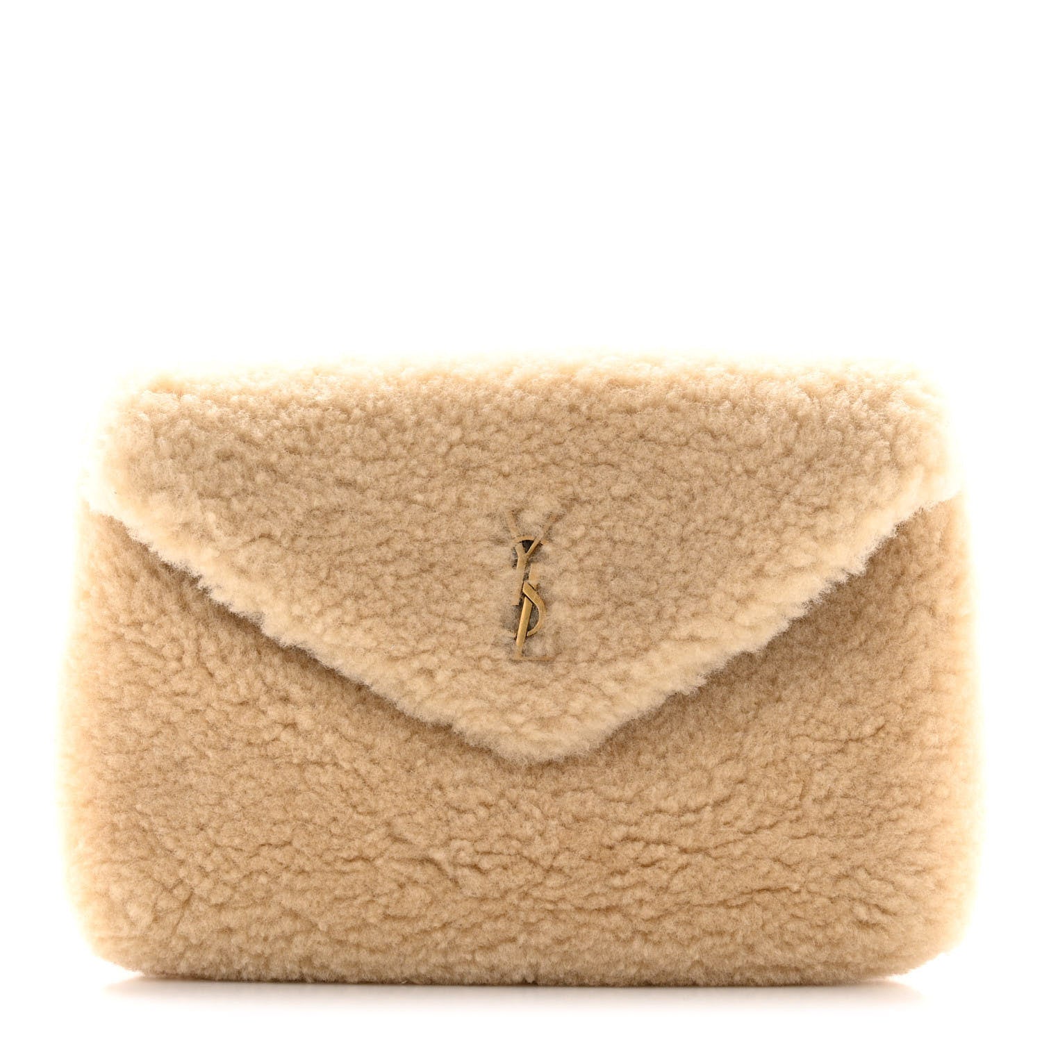 Saint Laurent Shearling Quilted Monogram Loulou Puffer Pouch Clutch Natural Beige Brick 1 of 13