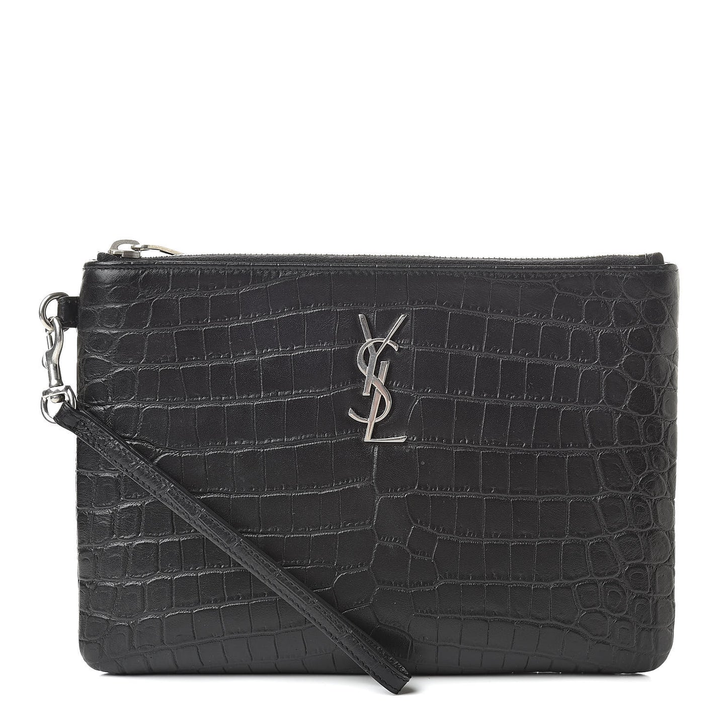 Calfskin Crocodile Embossed Monogram Zip Pouch Black