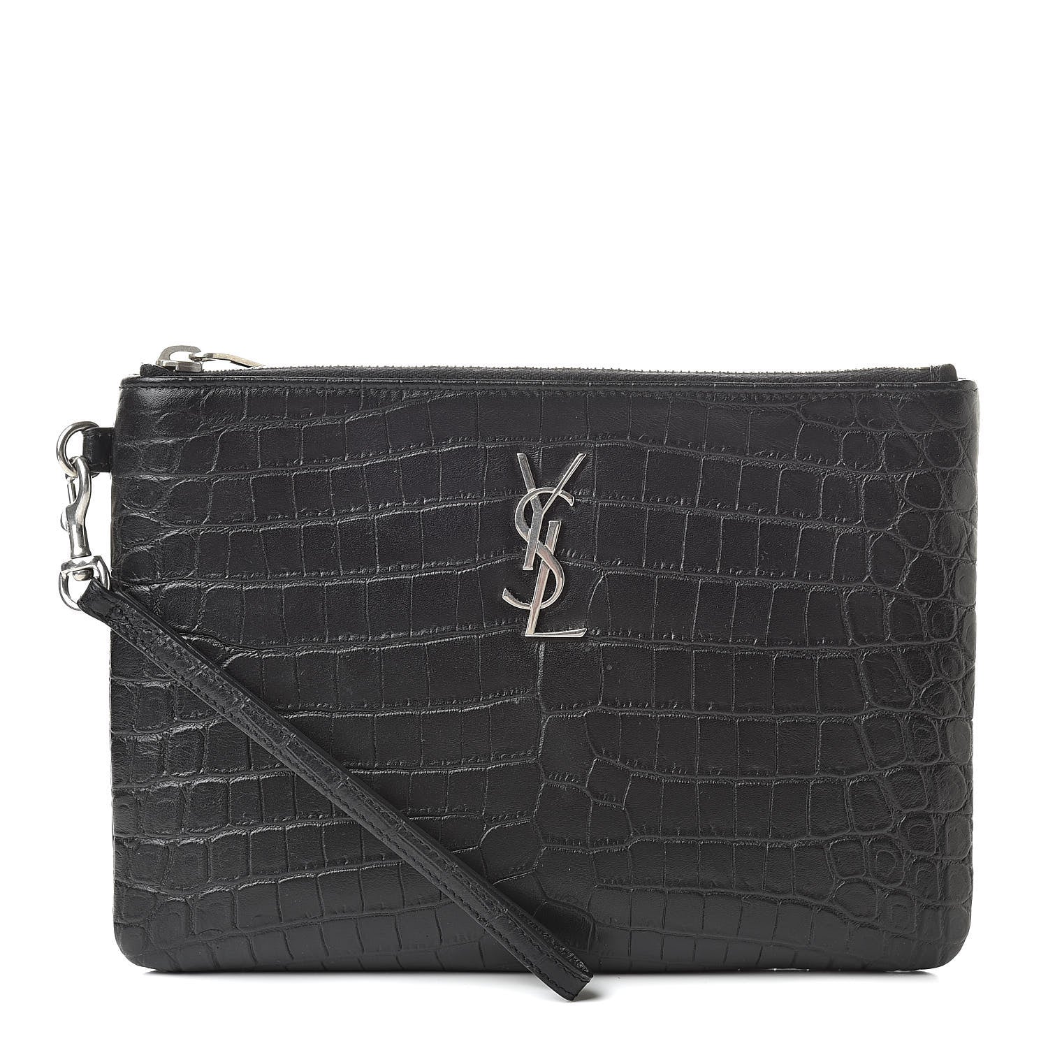 Saint Laurent Calfskin Crocodile Embossed Monogram Zip Pouch Black 1 of 8