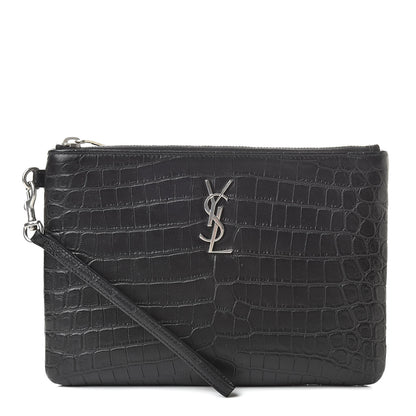 Saint Laurent Calfskin Crocodile Embossed Monogram Zip Pouch Black 1 of 8