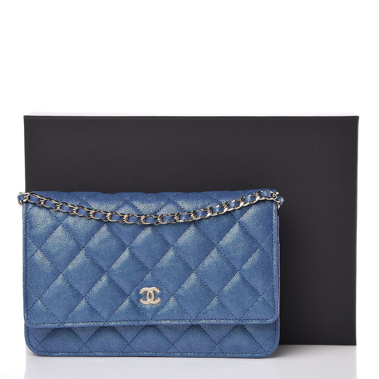 Iridescent Caviar Quilted Wallet On Chain WOC Dark Blue