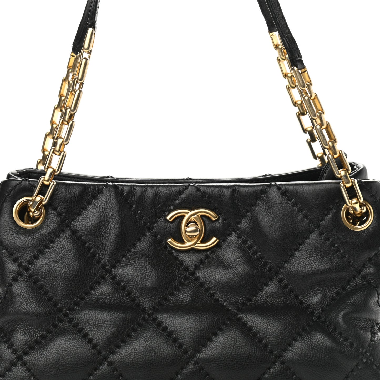Calfskin Stitched Small Retro Chain Tote Black