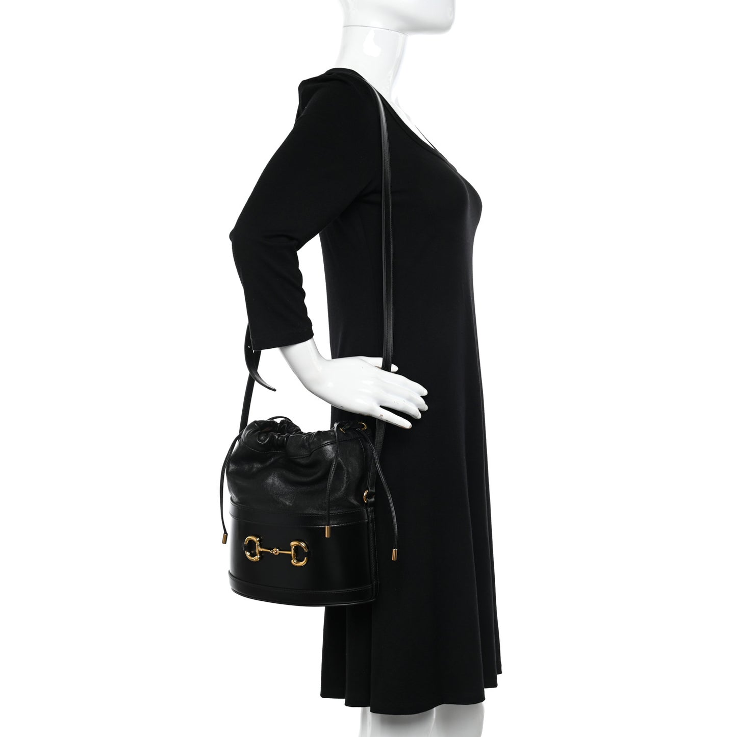 Azalea Sakai Calfskin Horsebit 1955 Drawstring Bucket Bag Black