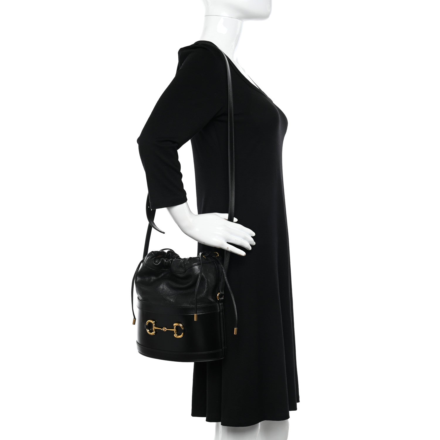 Gucci Azalea Sakai Calfskin Horsebit 1955 Drawstring Bucket Bag Black 2 of 11