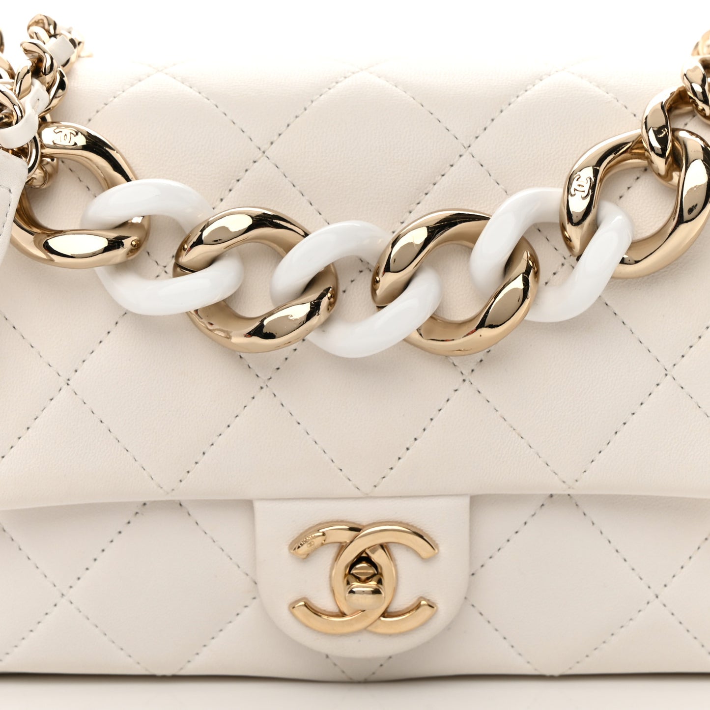 Lambskin Quilted Resin Bi-Color Chain Flap Bag White