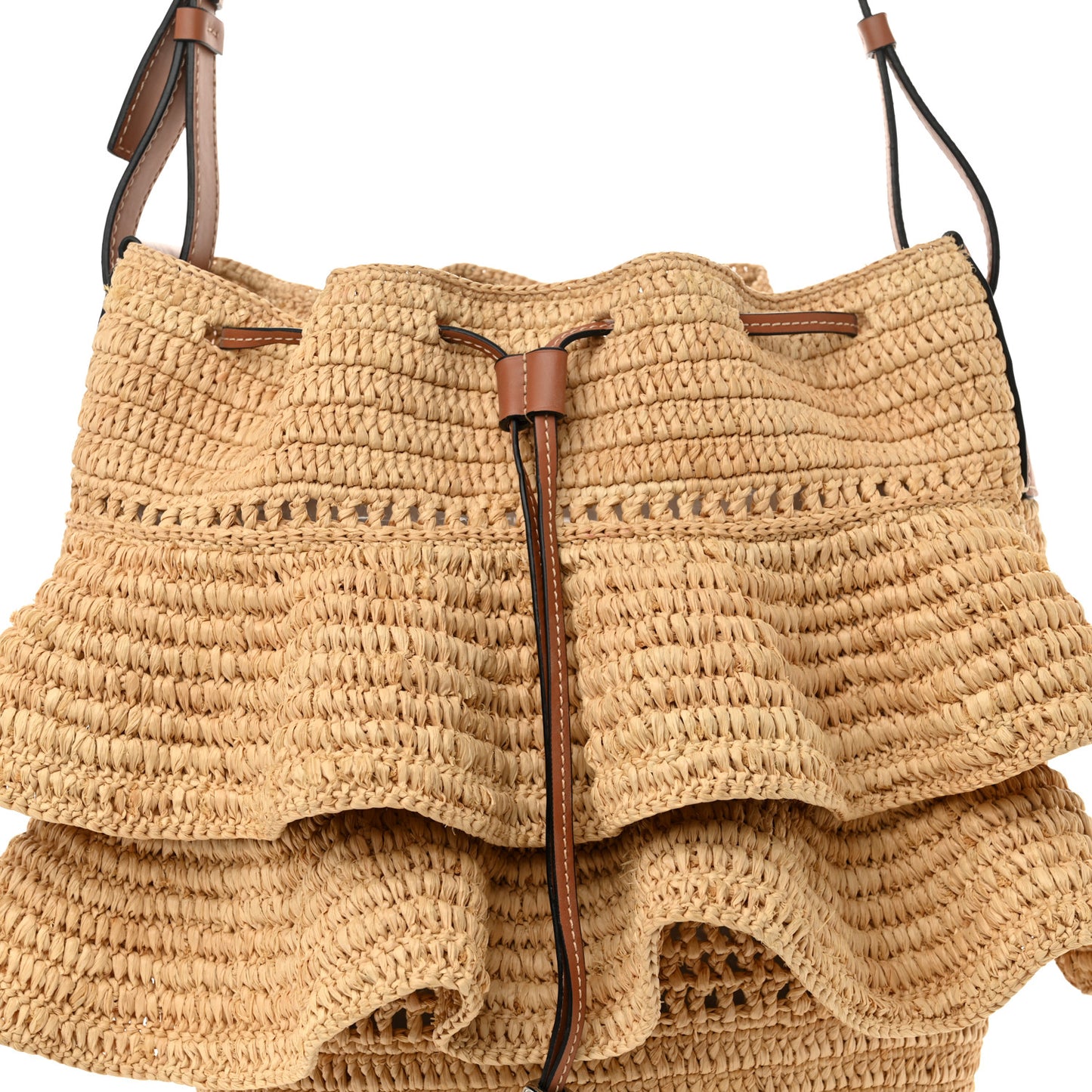 Raffia Calfskin Balloon Ruffles Bucket Bag Natural Tan