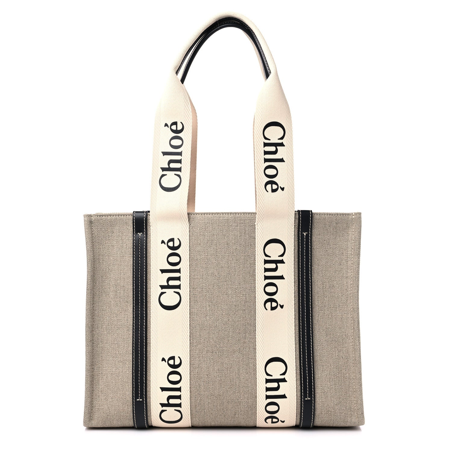 Chloe Cotton Calfskin Medium Woody Ribbon Tote White Black 1 of 9