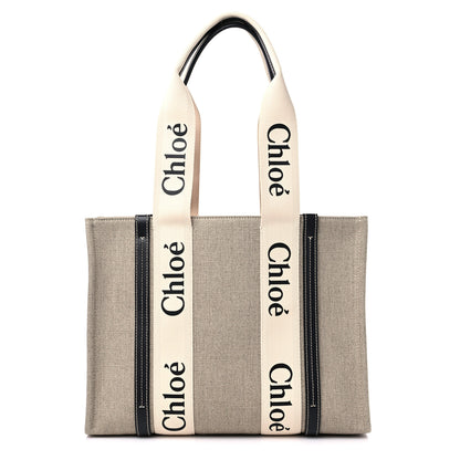 Chloe Cotton Calfskin Medium Woody Ribbon Tote White Black 1 of 9