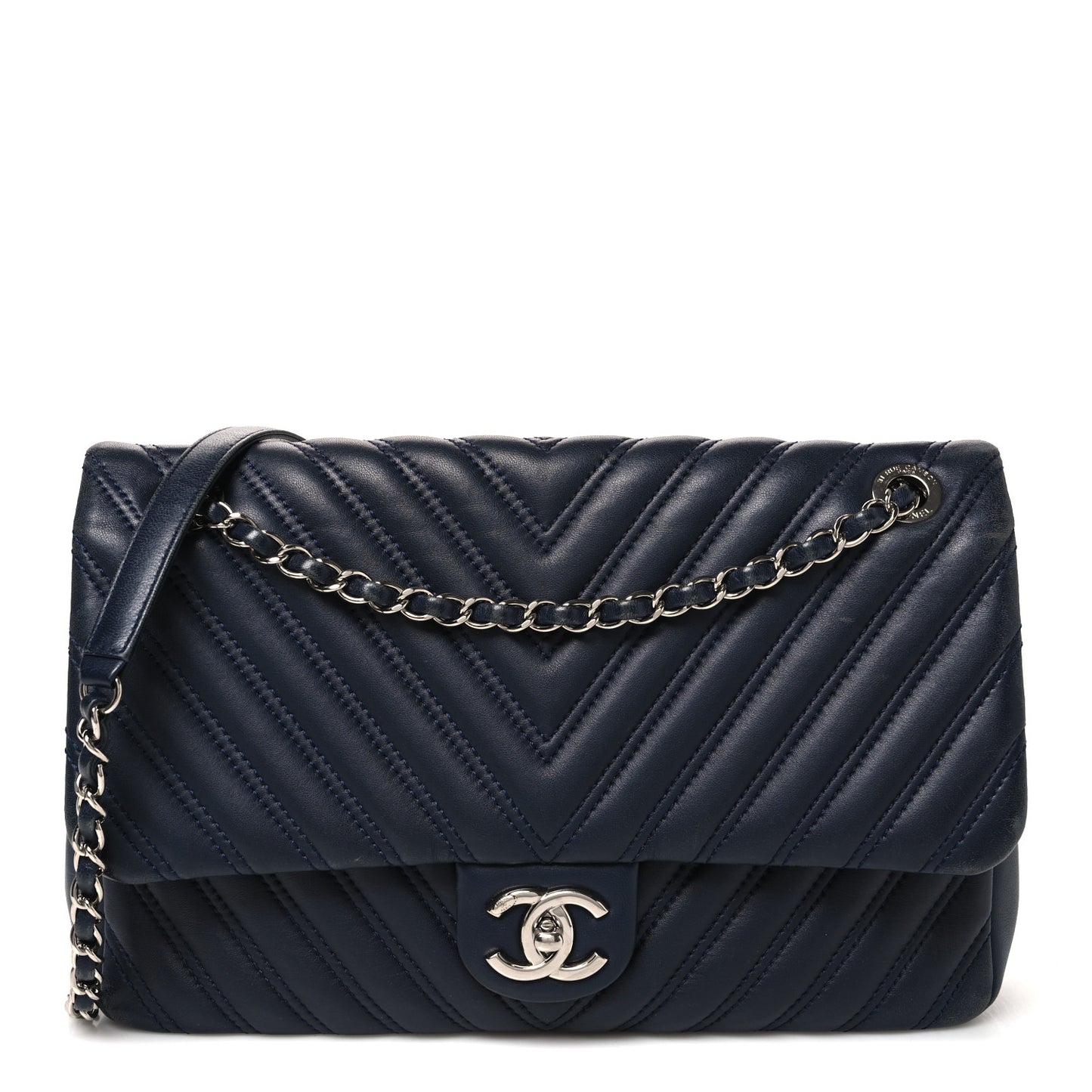 Lambskin Chevron Quilted Double Stitch Jumbo Single Flap Navy