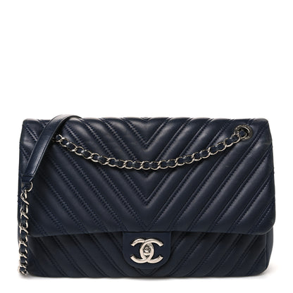 Chanel Lambskin Chevron Quilted Double Stitch Jumbo Single Flap Navy 1 of 10