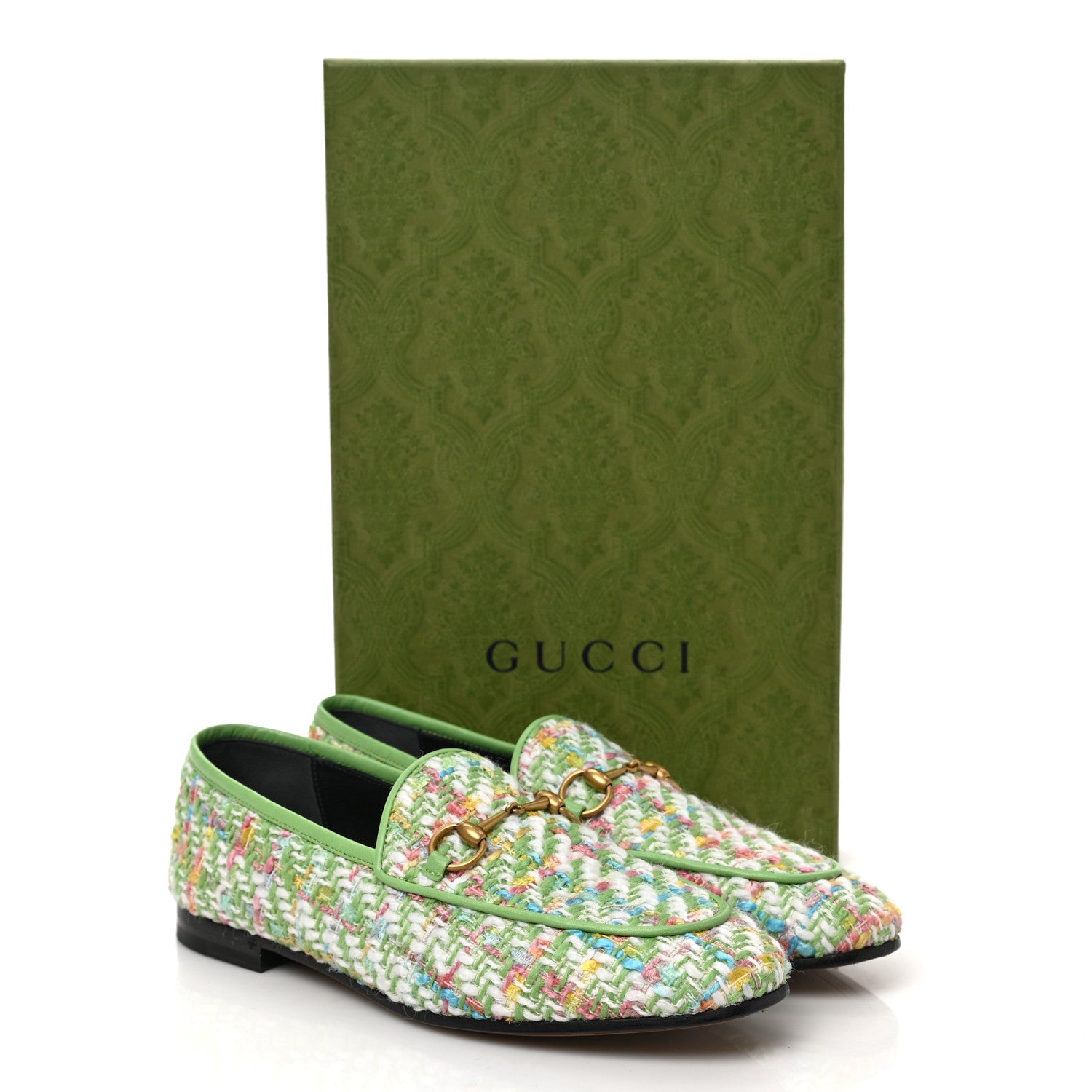 Gucci Tweed Multicolor Malaga Kid Horsebit Womens Jordaan Loafers 38 Green Multicolor 10 of 10